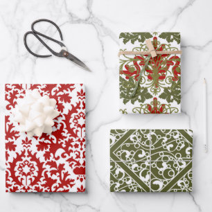 Damask Pattern Green Red White Christmas  Wrapping Paper Sheet