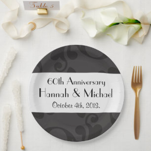Damask Pattern, Grey Damask, Anniversary Paper Plate