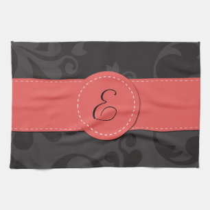 Damask Pattern, Grey Damask, Monogram Tea Towel