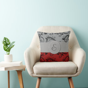 Damask Pattern, Grey Damask, Red Damask, Monogram Cushion
