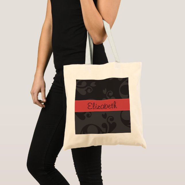 Damask Pattern, Grey Damask, Your Name Tote Bag (Front (Product))