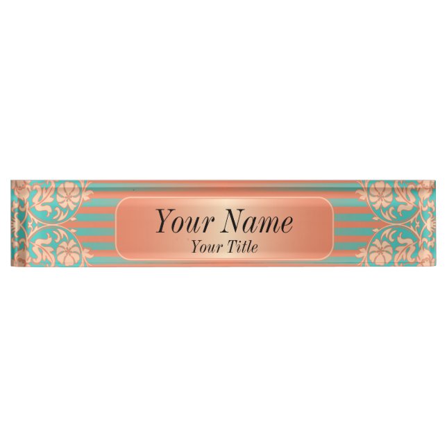 Damask Pattern in Coral & Teal | DIY Text Nameplate (Front)