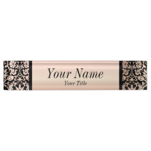 Damask Pattern in Pink Rose and Black DIY Text Nameplate