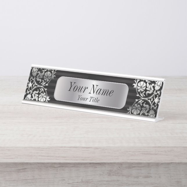 Damask Pattern in Silver Grey & Black | DIY Text Desk Name Plate (Front)