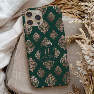Damask Pattern Monogram Rose Gold Emerald Green Case-Mate iPhone 14 Case