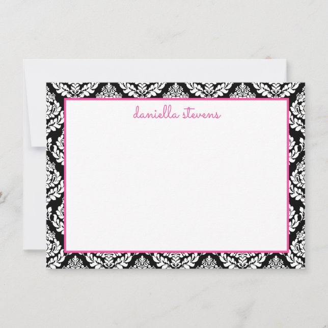 Damask Pattern Pink and Black Personalised Flat Card (Front)
