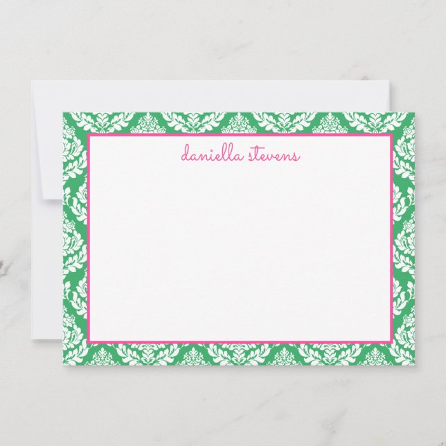 Damask Pattern Pink and Green Personalised Flat Card (Front)