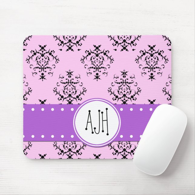 Damask Pattern, Pink Damask, Monogram Mouse Pad (With Mouse)