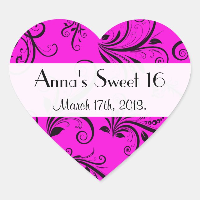 Damask Pattern, Pink Damask, Sweet 16, Birthday Heart Sticker (Front)
