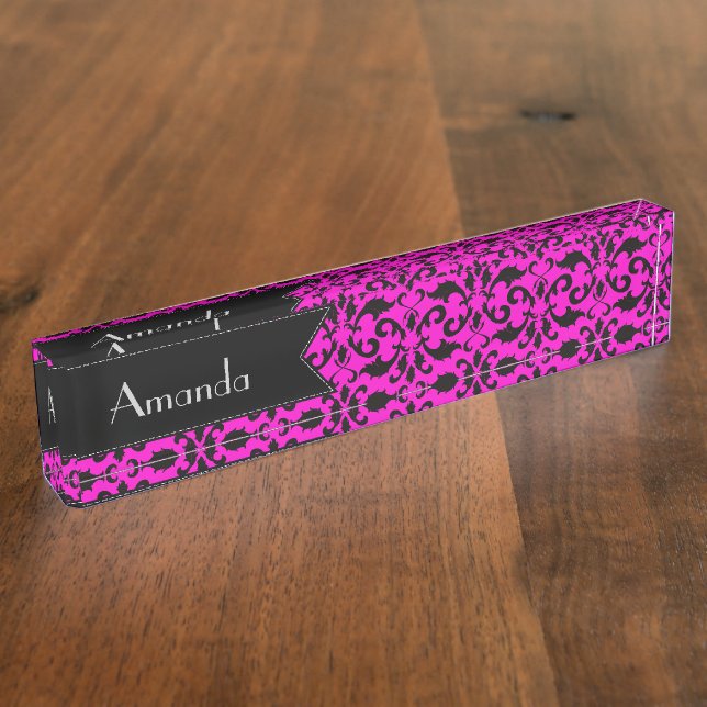 Damask Pattern, Pink Damask, Your Name Nameplate (Side)