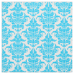 Damask Pattern - Sky Blue on White Fabric