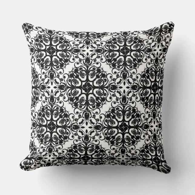 Damask Pattern Throw Pillow/Black and White Cushion (Front)