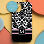 Damask Pattern with Black Pink Monogram iPhone 15 Case<br><div class="desc">A trendy,  elegant design for your phone. A great gift for any artistic woman -- black and white feminine wallpaper pattern with pink accent.</div>