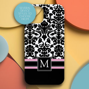 Damask Pattern with Black Pink Monogram iPhone 15 Case