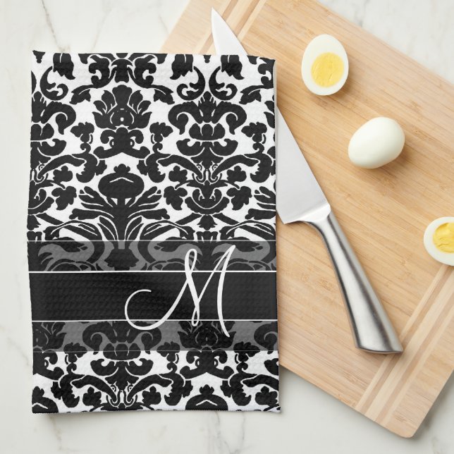 Damask Pattern with Monogram - Black and White Tea Towel (Quarter Fold)