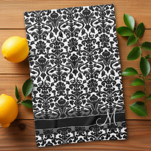 Damask Pattern with Monogram - Black and White Tea Towel
