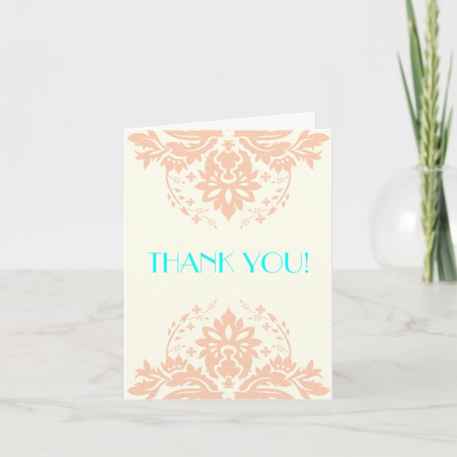 Damask peach, aqua, ivory wedding Thank You Card (Front)