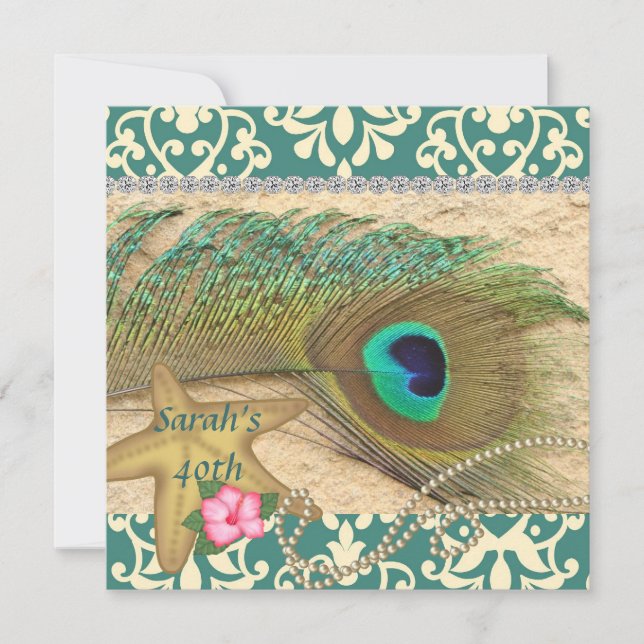 DAMASK PEACOCK BEACH 50th BIRTHDAY INVITATION (Front)