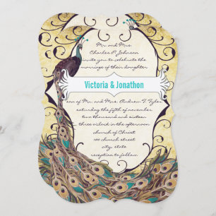 Damask Peacock Elegance Eggplant Gold and Aqua Invitation
