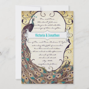 Damask Peacock Elegance Eggplant Gold and Aqua Invitation