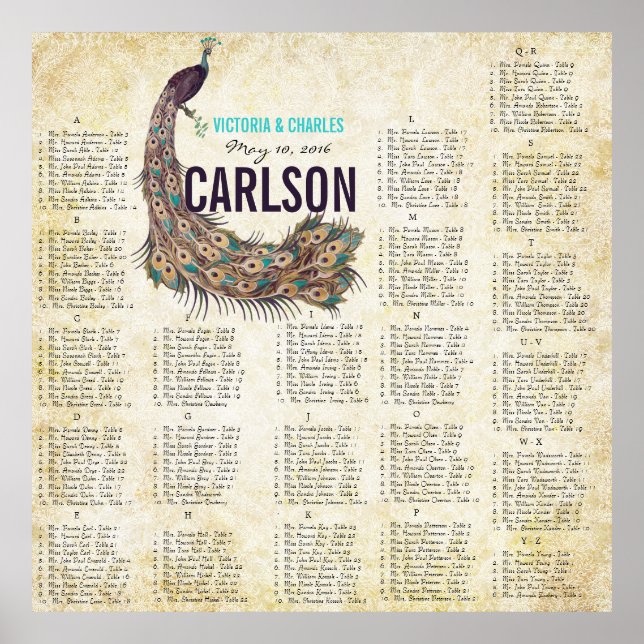 Damask Peacock Elegance Eggplant Gold SeatingChart Poster (Front)