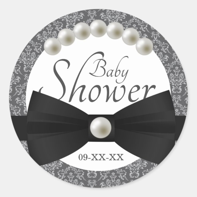 Damask Pearls and Bow Tie Baby Shower Favour Classic Round Sticker (Front)