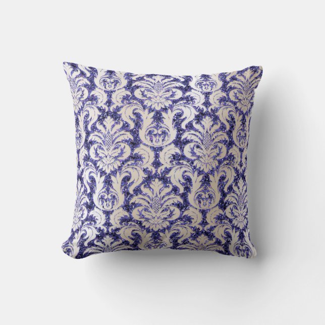 Damask  Pearly Ivory Glitter Blue Navy Indigo Lux Cushion (Front)