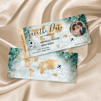 Damask Photo Save the Date Boarding Pass World Map Invitation