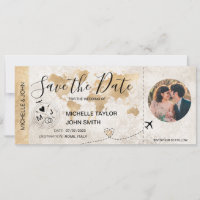 Damask Photo Save the Date Boarding Pass World Map