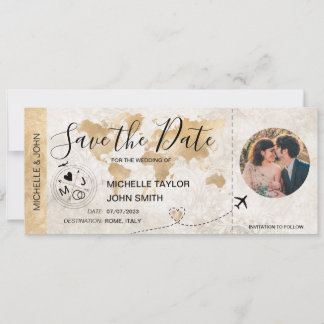 Damask Photo Save the Date Boarding Pass World Map Invitation