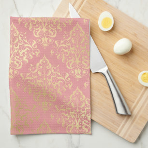Damask pink and gold elegant vintage Victorian  Tea Towel