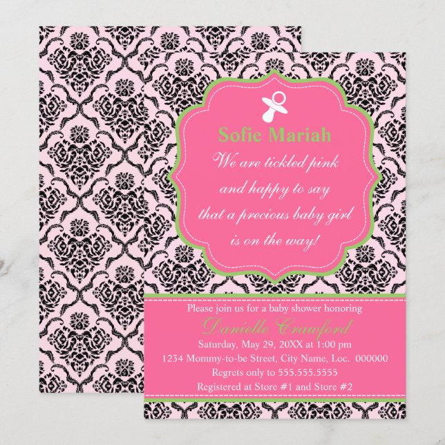 Damask Pink and Green Baby Shower Invitation (Front/Back)