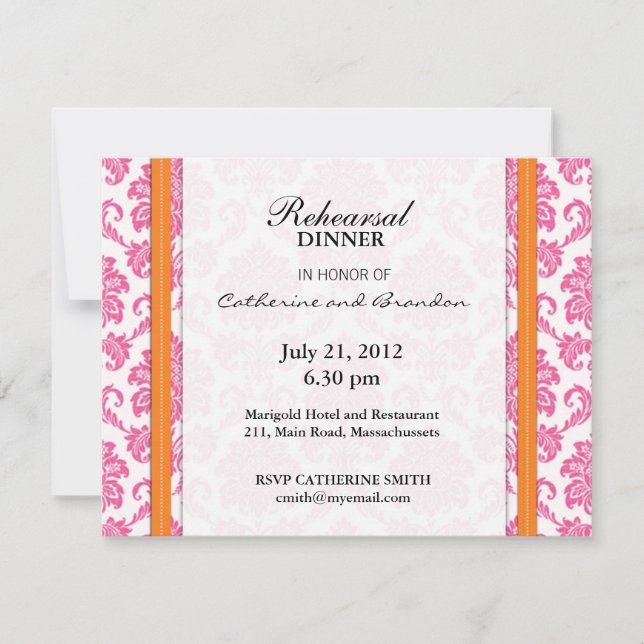 Damask Pink and Orange Rehearsal Dinner Card (Front)