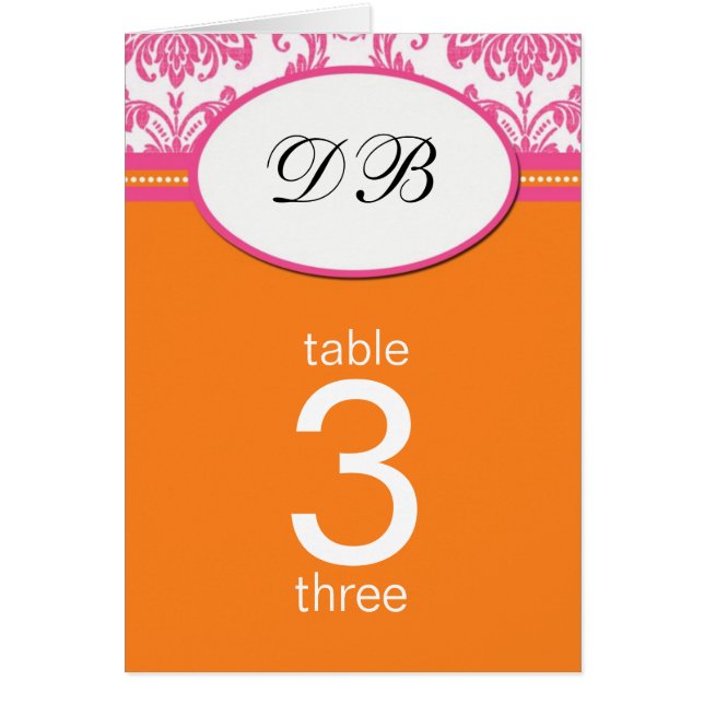 Damask Pink and Orange Wedding Table Number (Front)