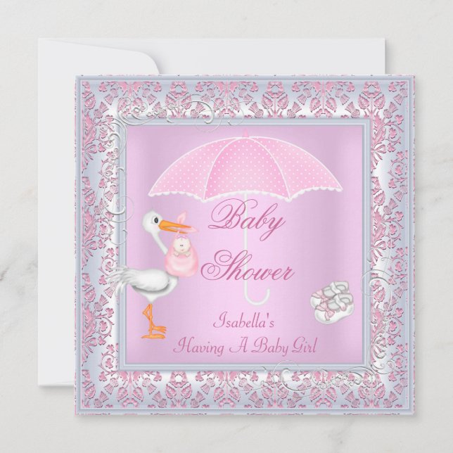 Damask Pink Baby Shower Girl Umbrella Invitation (Front)