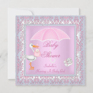 Damask Pink Baby Shower Girl Umbrella Invitation