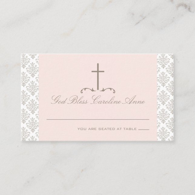 Damask Pink & Cream with Cross Seating Card (Front)