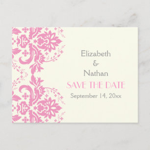 Damask pink, grey, ivory wedding Save the Date Announcement Postcard