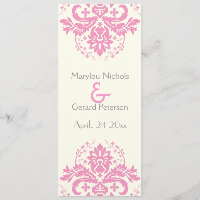 Damask pink, grey wedding ceremony program programme (Front)