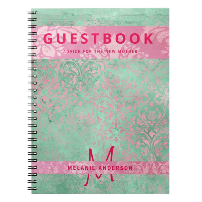 Damask Pink Mint Green Baby Shower Guest Book (Front)