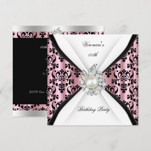 Damask Pink Pearl Diamond Birthday Party Invitation (Front/Back)