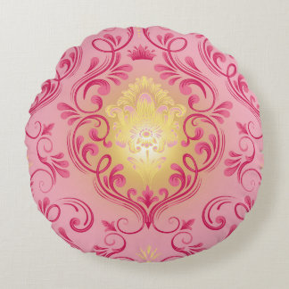Damask Pink, Red, and Yellow Round Pillow