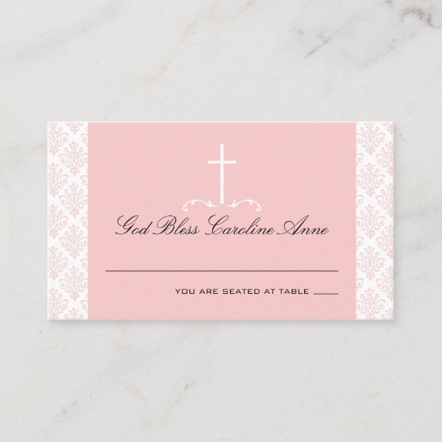 Damask Pink with Cross Seating Card (Front)