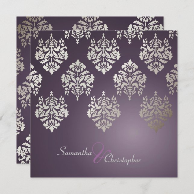 Damask/plum/faux silver wedding invitations (Front/Back)