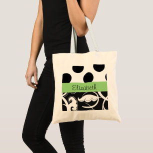 Damask, Polka Dots, Black and White, Your Name Tote Bag