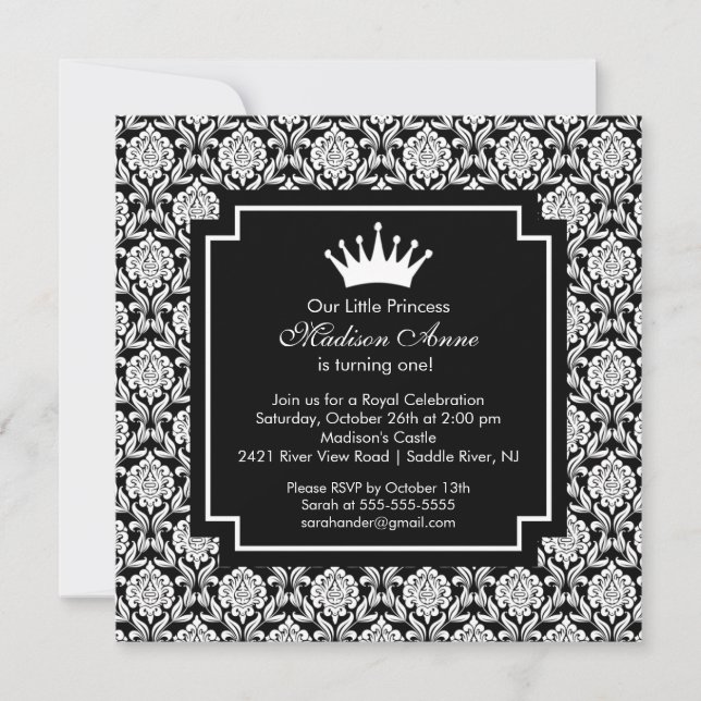 Damask Princess Crown Birthday Party Invitation (Front)