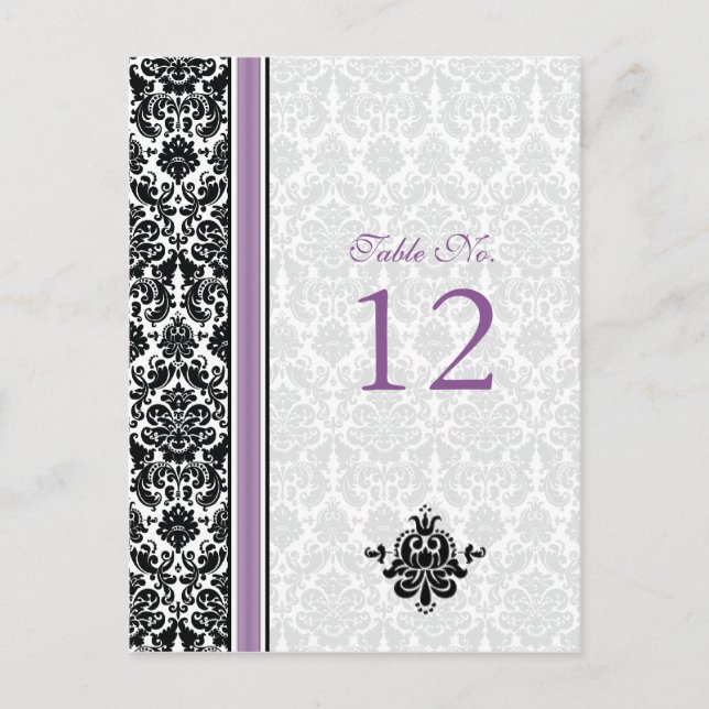 Damask Purple, Black, White Wedding Table Number Postcard (Front)