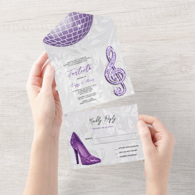 Damask, Purple Stiletto, Music & Disco Ball 40th All In One Invitation (Tearaway)
