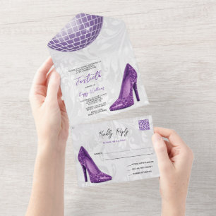 Damask, Purple Stilettos & Disco Ball 40th QR CODE All In One Invitation