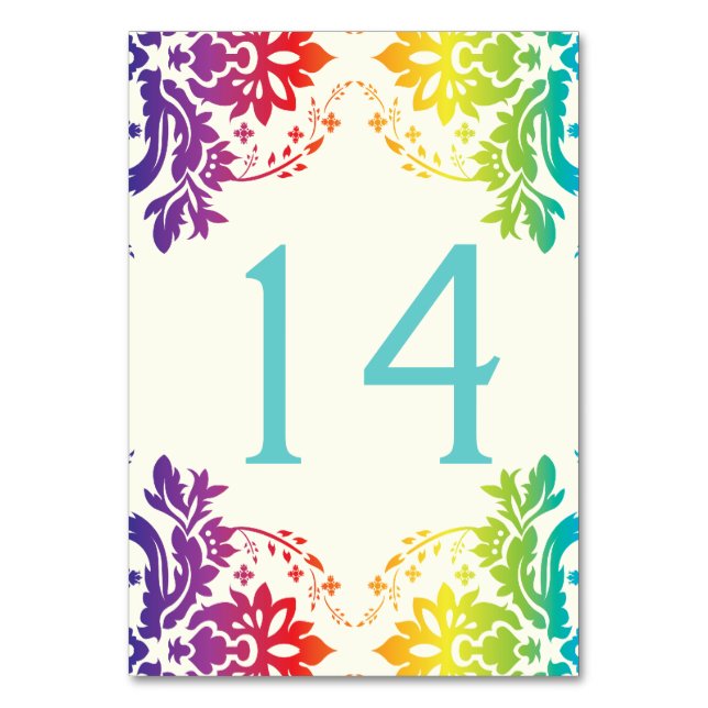 Damask rainbow wedding table number place card (Front)